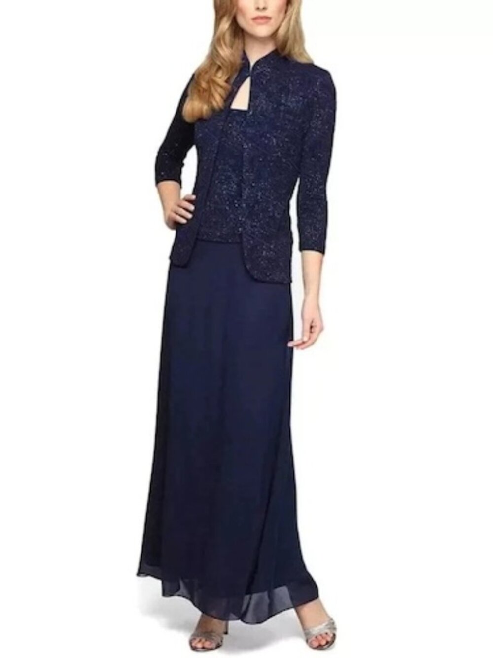 Alex Evenings Navy Blue Two-Piece Jacquard Chiffon Gown with Jacket